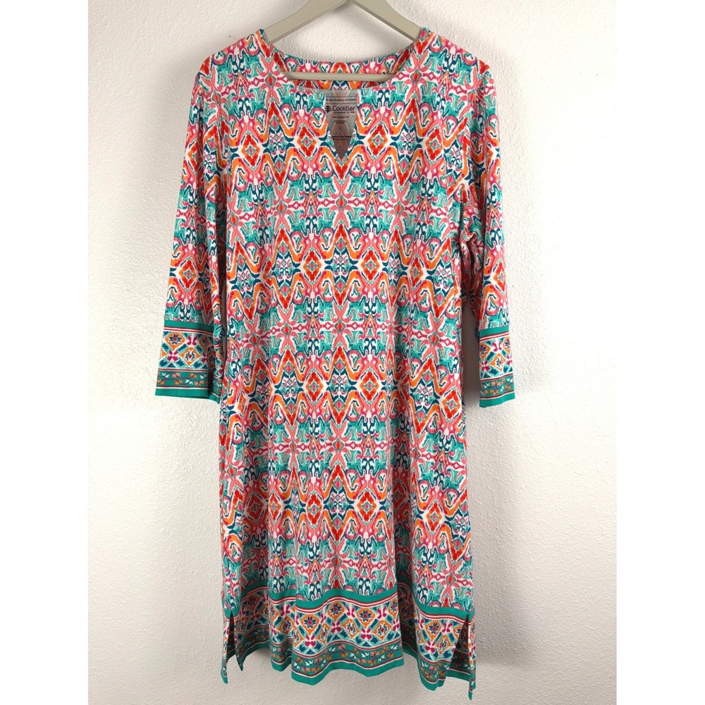 Coolibar Oceanside Tunic Dress Sz L UPF 50+ Sun Protection Pink Teal Ikat Aztec